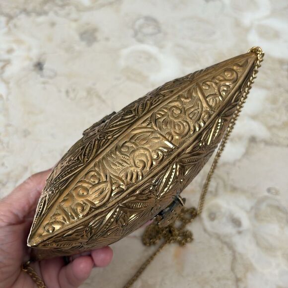 Brass Handcrafted Boho Pillow Shaped Evening Bag w/ Crossbody Chain Strap - Picture 12 of 15